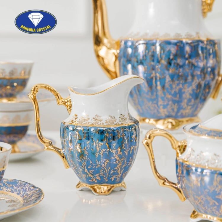 Bộ trà sứ Tiệp ấm cao nền xanh dương dây vàng 15 món