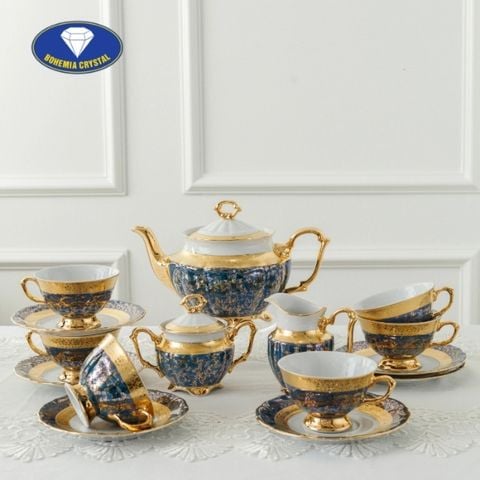 Bộ trà sứ Tiệp băng vàng nền xanh 15 món