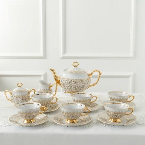 Bộ trà sứ Tiệp dây vàng men ngọc trai 15 món