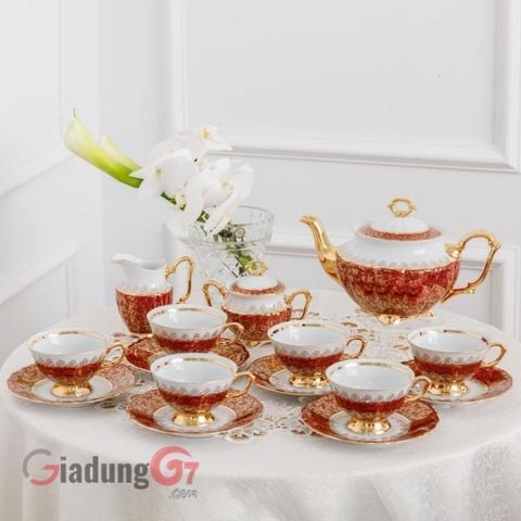 Bộ trà sứ Tiệp đỏ dây vàng 15 món (Loại 1)