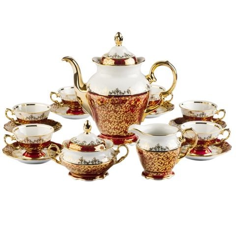 Bộ trà sứ Tiệp hoa đỏ dây vàng 15 món
