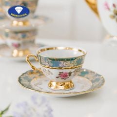  Bộ trà sứ Tiệp hoa hồng ấm cao băng xanh viền vàng 15 món 