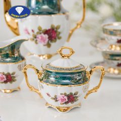  Bộ trà sứ Tiệp hoa hồng ấm cao băng xanh viền vàng 15 món 