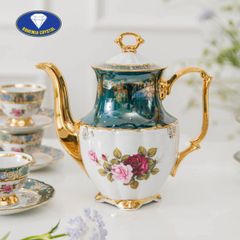  Bộ trà sứ Tiệp hoa hồng ấm cao băng xanh viền vàng 15 món 
