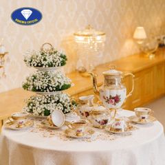 Bộ trà sứ Tiệp hoa hồng ấm cao viền xám mạ vàng 15 món