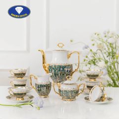 Bộ trà sứ Tiệp hoa hồng ấm cao xanh ngọc dây vàng 15 món