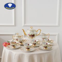 Bộ trà sứ Tiệp hoa hồng mạ vàng 15 món nền sáng