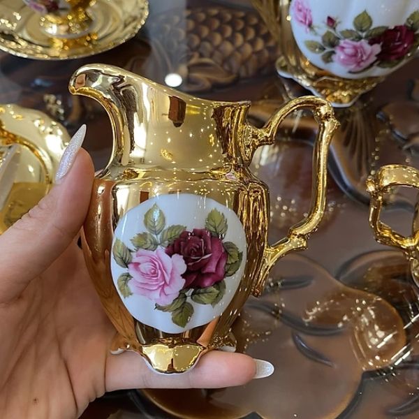 Bộ trà sứ Tiệp hoa hồng mạ vàng 15 món ấm cao