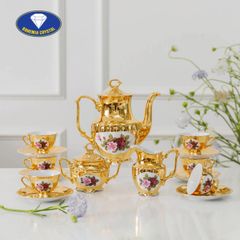  Bộ trà sứ Tiệp hoa hồng mạ vàng 15 món ấm cao 
