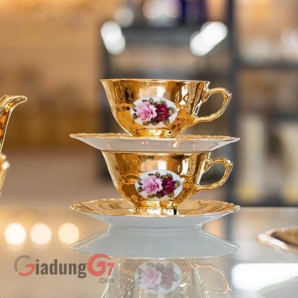 Bộ trà sứ Tiệp hoa hồng mạ vàng 15 món (Loại 1)