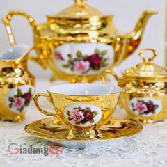  Bộ trà sứ Tiệp hoa hồng full mạ vàng 15 món 