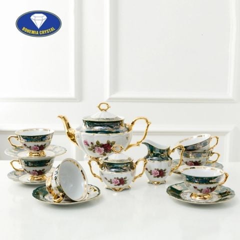Bộ trà sứ Tiệp hoa hồng mạ vàng nền xanh men ngọc trai 15 món