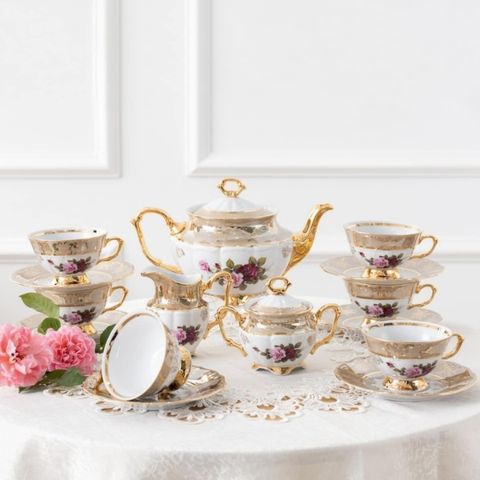 Bộ trà sứ Tiệp hoa hồng băng xám mạ vàng 15 món