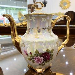  Bộ trà sứ Tiệp hoa hồng dây vàng nền trắng ấm cao 15 món 