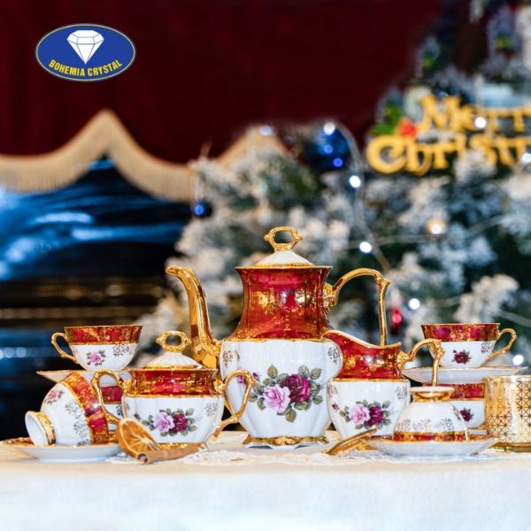 Bộ trà sứ Tiệp hoa hồng viền đỏ 15 món ấm cao phong cách Châu Âu