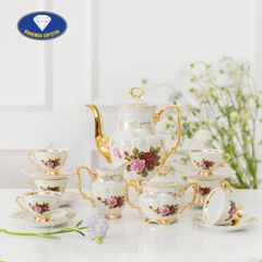  Bộ trà sứ Tiệp hoa hồng dây vàng nền trắng ấm cao 15 món 