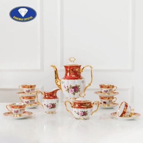 Bộ trà sứ Tiệp hoa hồng viền đỏ 15 món ấm cao