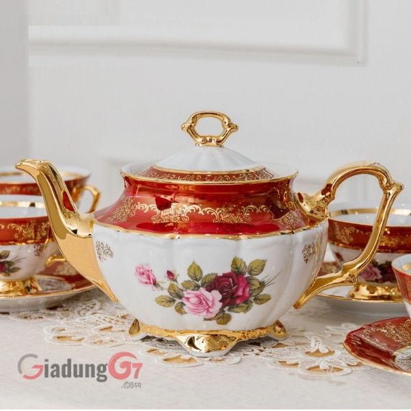 Bộ trà sứ Tiệp hoa hồng viền đỏ 15 món phong cách Châu Âu