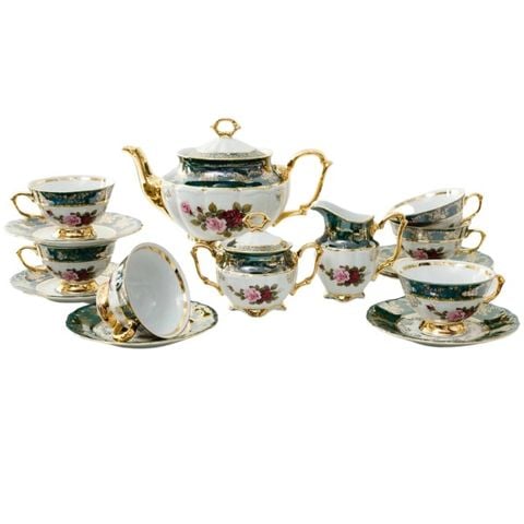 Bộ trà sứ Tiệp hoa hồng viền xanh 15 món