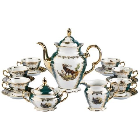 Bộ trà sứ Tiệp hoạ tiết con thú xanh lá 15 món