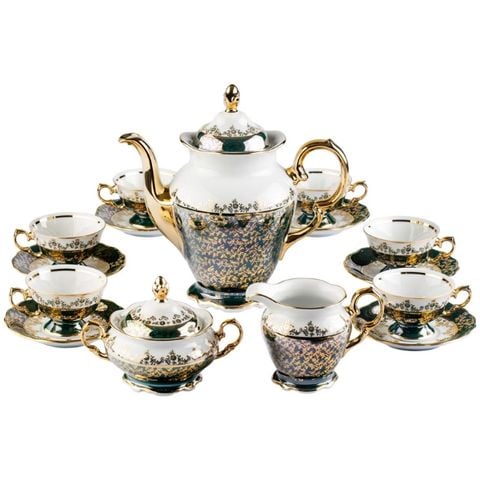 Bộ trà sứ Tiệp hoa xanh dây vàng 15 món