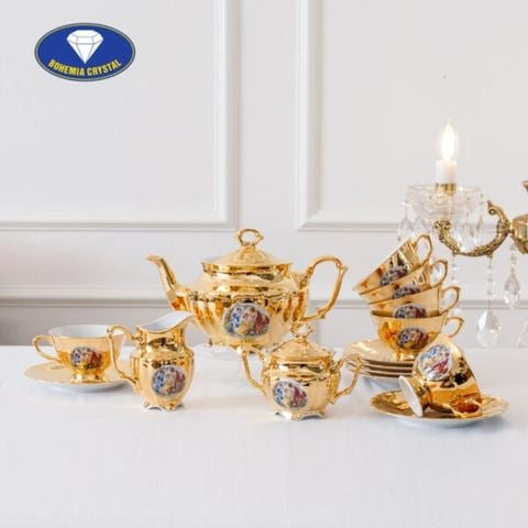 Bộ trà sứ Tiệp 15 món mạ vàng 3 cô tiên men ngọc trai