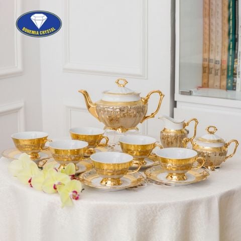 Bộ trà sứ Tiệp băng vàng men ngọc trai nền xám 15 món