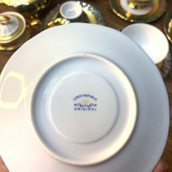 Bộ trà sứ Tiệp dây vàng men ngọc trai 15 món phong cách Châu Âu