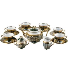  Bộ trà sứ Tiệp mạ vàng băng vàng nền xanh ngọc 15 món men ngọc trai 