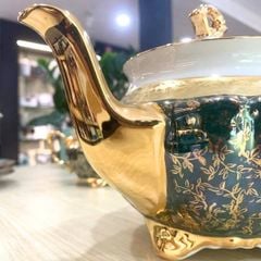  Bộ trà sứ Tiệp mạ vàng băng vàng nền xanh ngọc 15 món men ngọc trai 