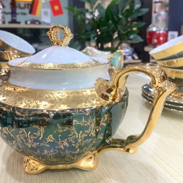 Bộ trà sứ Tiệp dây vàng men ngọc trai 15 món phong cách Châu Âu