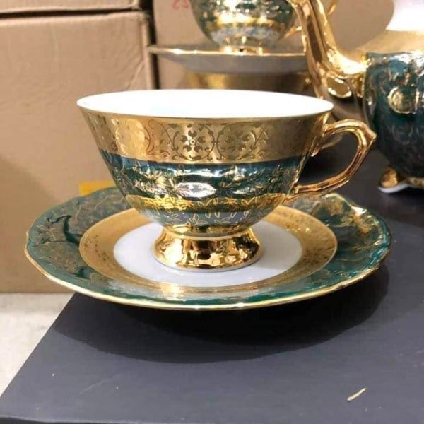 Bộ trà sứ Tiệp dây vàng men ngọc trai 15 món phong cách Châu Âu