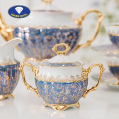  Bộ trà sứ Tiệp nền xanh dương dây vàng 15 món 