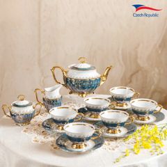  Bộ trà sứ Tiệp nền xanh dương dây vàng 15 món 