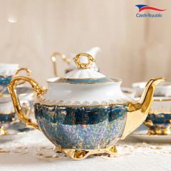  Bộ trà sứ Tiệp nền xanh dương dây vàng 15 món 