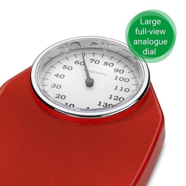 Cân sức khỏe Medisana PS100 màu đỏ là cân cơ học 150kg, sai số 100g