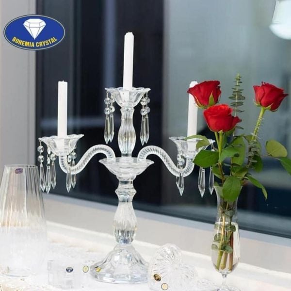 Chân nến pha lê 3 tay Bohemia 42cm
