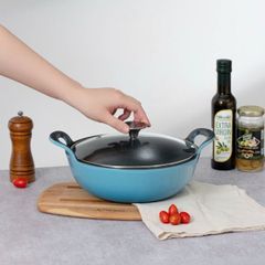  Chảo gang Oceno sâu lòng size 20/25cm có nắp kính - Màu xanh/đỏ 