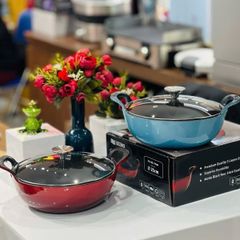 Chảo gang Oceno sâu lòng size 20/25cm có nắp kính - Màu xanh/đỏ 