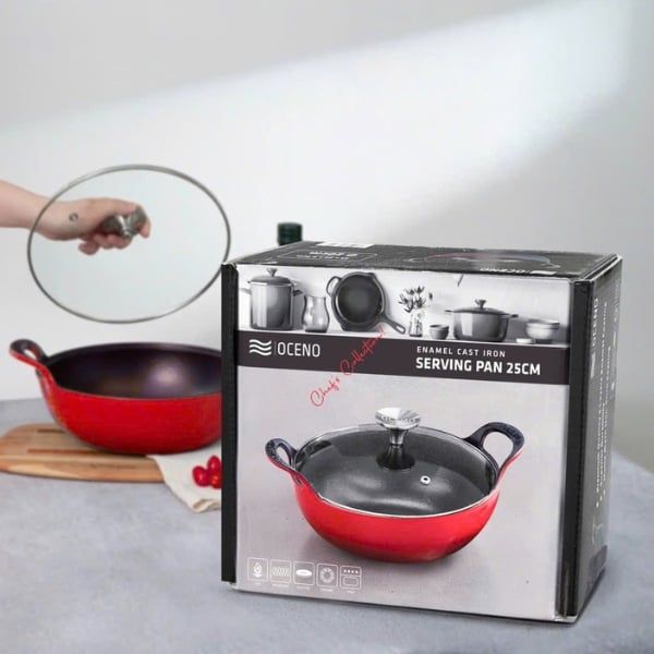 Chảo gang Oceno sâu lòng size 20/25cm có nắp kính - Màu xanh/đỏ