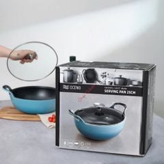  Chảo gang Oceno sâu lòng size 20/25cm có nắp kính - Màu xanh/đỏ 