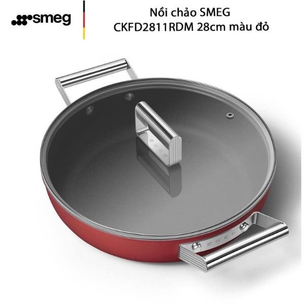 Chảo sâu lòng Smeg 28cm CKFD2811RDM có nắp, 2 quai màu đỏ