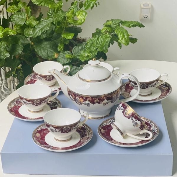 Bộ trà sứ xương Imperial viền đỏ (1 ấm, 6 bộ tách) nội địa Đức