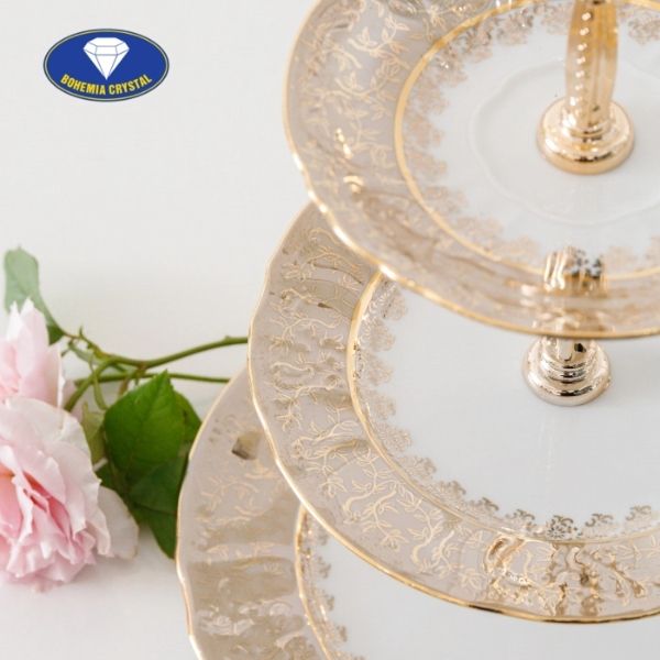 Đĩa 3 tầng sứ Tiệp dây vàng