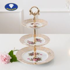 Đĩa 3 tầng sứ Tiệp hoa hồng viền xám dây vàng