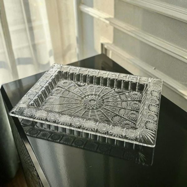 Khay pha lê mài Bohemia M57 41cm thành cao họa tiết hoa tuyết