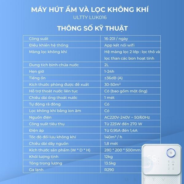 Thông số kỹ thuật của Máy hút ẩm & lọc không khí U Ultty LUK016 20 lít