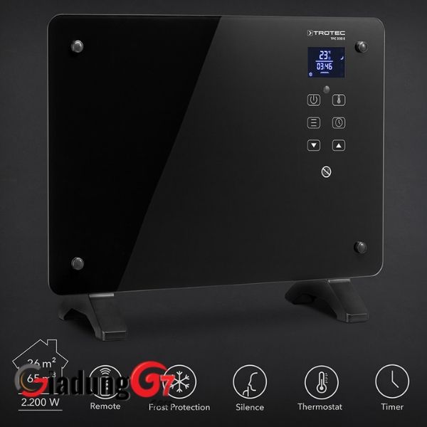 Máy sưởi gốm Trotec TFC220E được trang bị bộ điều chỉnh nhiệt liên tục và 2 mức gia nhiệt (1.000 W / 2.000 W)