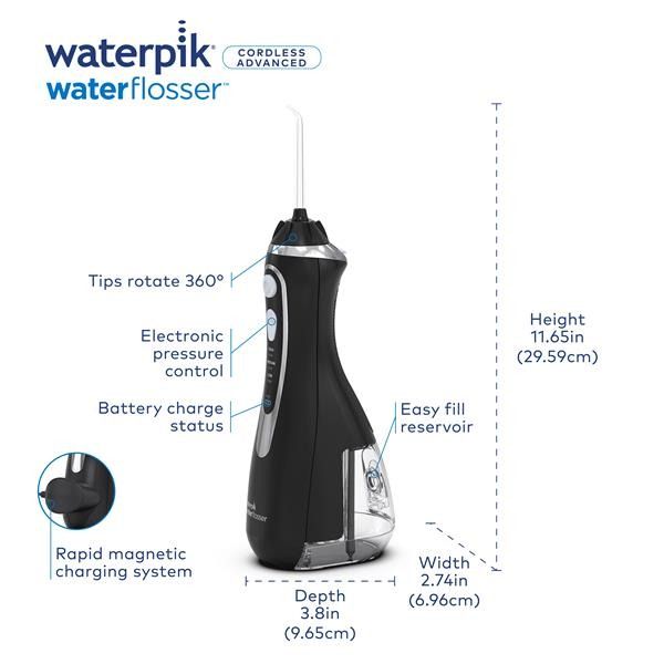 Máy tăm nước Waterpik WP582 / WP-582 màu đen cầm tay sạc USB từ tính