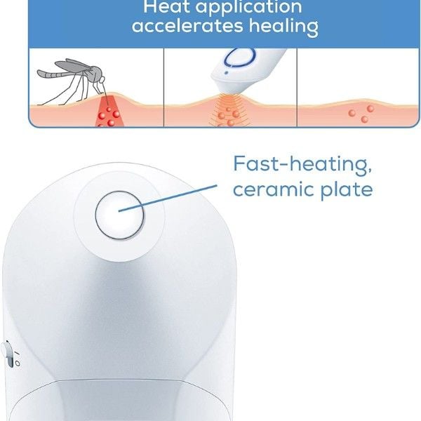 Máy trị côn trùng cắn Beurer BR60 sử dụng nhiệt để giúp giảm đau tức thì, không sử dụng phụ gia hóa học nên phù hợp với mọi loại da và cả phụ nữ mang thai